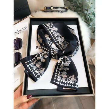 雙面雙色真絲絲巾女高檔小長條百搭黑色秋冬100%桑蠶絲發帶小領巾