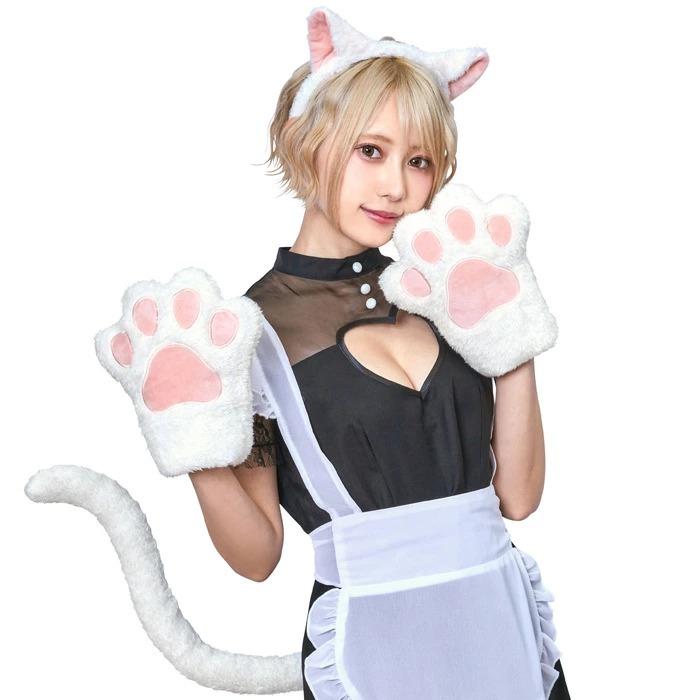 もふもふアニマル 白ねこ 手袋 グローブ アニマル キャット ホワイト 白猫 ネコ コスプレ 動物 かわいい 衣装 コスチューム ハロウィン 文化祭 仮装 イベント