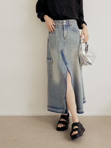 純棉水洗牛仔鬚邊開衩長裙