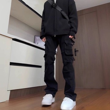 美式高街休閑工裝褲男秋季潮牌vide風黑色微喇彈力顯瘦運動長褲子--享樂