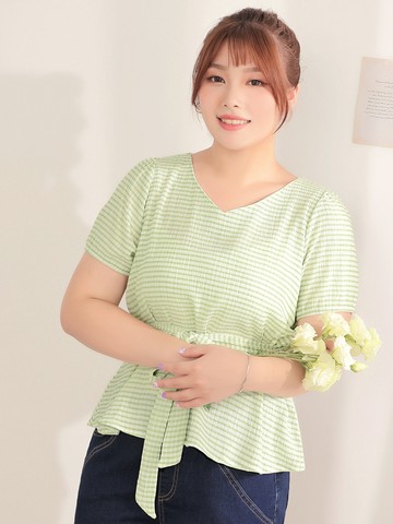 小V臉．V領條紋立體紋理傘襬上衣(附腰帶)