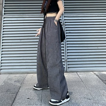 大口袋百搭休閒褲子 男女學生寬鬆闊腿工裝長褲 寬鬆直筒拖地褲