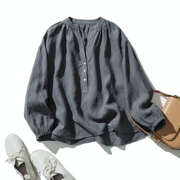 令人傾心，迷人廓形。法式亞麻襯衫 V領 抓褶襯衫 長袖 炭灰色 220903-3