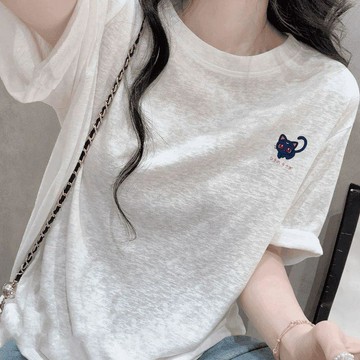 冰爽涼感雪花棉 夏季新款寬鬆顯瘦圓領印花短袖T恤 女時尚百搭 短袖T恤 夏季薄款顯瘦T恤 7H
