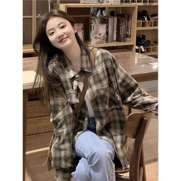 長袖防曬格子襯衫女款早春夏季薄款寬松日系復古小個子中長款上衣