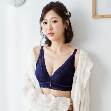 (32C)無鋼圈深V蕾絲內衣_藍色#2728