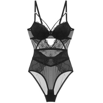 歐美法式下厚上薄聚攏性感連體衣透明蕾絲美背塑身衣誘惑黑色