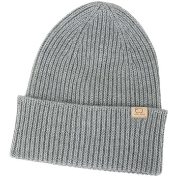 Woolrich LOGO皮標反摺羅紋羊毛帽(灰色)