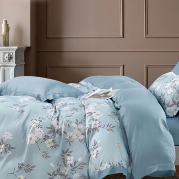 貝淇小舖 60支純天絲床包兩用被四件組 - 採用 300織密度高規格面料  西湖曲藍  特大  被子 + 床墊套 + 枕套組