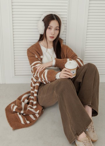 長版橫紋連帽毛衣外套