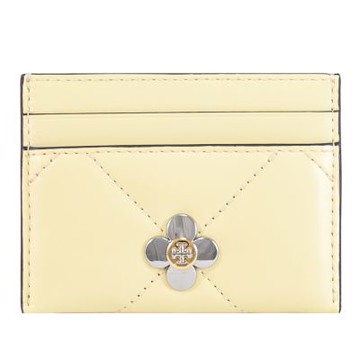 TORY BURCH 金屬四葉草LOGO絎縫滑面皮革信用卡名片夾(淺黃)