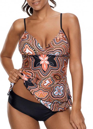 Printed Spaghetti Strap Layered Tankini Set