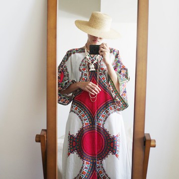 微瑕優惠 Vintage 嬉皮喇叭袖 蠟染長袍洋裝