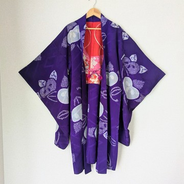 日本古董羽織 (Haori) 正絹 絞染 紫色 橘子圖案 內襯可愛 古布 民藝 時代布 獨一無二 大正浪漫 和洋混搭