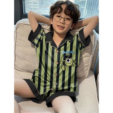 夏季男童睡衣短袖冰絲親子中大童小男孩大眼仔絲綢兒童家居服套裝