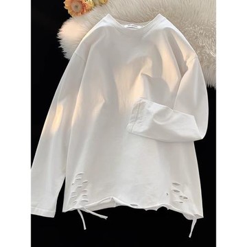 400g重磅白色衛衣男破洞長袖t恤內搭打底衫春秋潮牌上衣純棉內襯