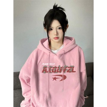 純棉粉色加絨連帽衛衣女2024新款爆款寬松字母減齡小個子秋冬外套