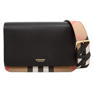 BURBERRY 8084025 Mackford 經典格紋寬背帶翻蓋斜背包.黑