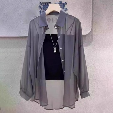 【🍒櫻桃大尺碼】大尺碼襯衫百搭珠光冰絲長袖防曬衫2025夏季新款女裝小個子外搭寬松上衣襯衫