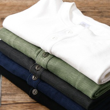 阿美咔嘰重磅竹節棉短袖T恤男美式復古寬松亨利領夏季體恤打底衫