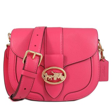 COACH 大馬車LOGO全皮革馬鞍斜背包(桃粉色)