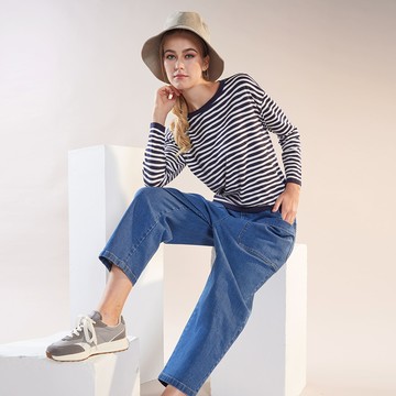 有機棉圓領落肩波紋長袖針織衫(2色)