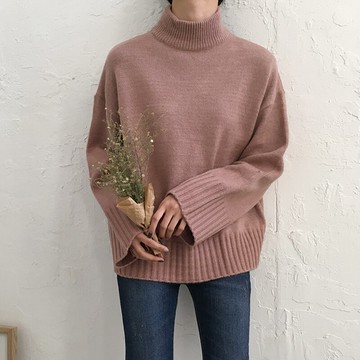 半高領毛衣女新款韓版秋冬百搭長袖上衣加厚保暖純色套頭毛衣1入