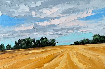 原始的黃色領域油畫樹木景觀藍天藝術紋理厚塗