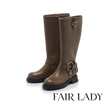 FAIR LADY 日本京都聯名 HAPPYFACE 個性帶釦真皮長靴 咖啡(7B2993)