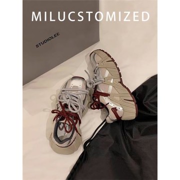 真皮厚底增高復古雙鞋帶老爹鞋女2025春季新款網面透氣休閑運動鞋