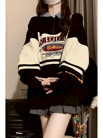 高級感美式復古撞色polo領衛衣女秋冬加絨加厚oversize慵懶風上衣