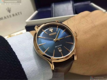 [星晴錶業]MASERATI手錶,42mm,R8851118001寶藍色錶面玫瑰金錶殼咖啡色真皮皮革錶帶款