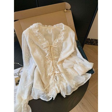 【WYZ】新中式刺繡簡約大氣上衣女2026早春新款精緻穿搭荷葉邊繫帶雪紡衫