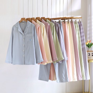 無印風日系簡約小外套棉質睡衣女翻領長袖家居服套裝春秋季薄款紗布