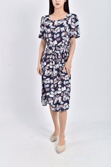 (S) 樹葉印花短袖藍色綁帶洋裝