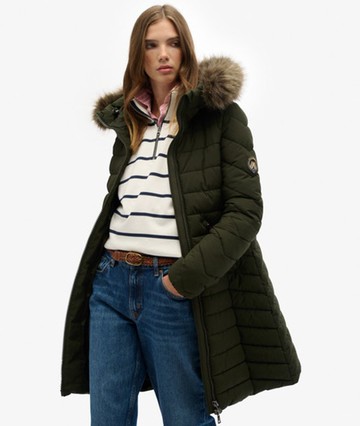 Superdry Women's Fuji Faux Fur Hooded Mid Length Coat Green Size: 6