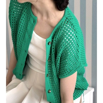 韓國女裝連線 - 韓製 洞洞針織圓領抽繩背心外套/上衣-綠 (FREE)