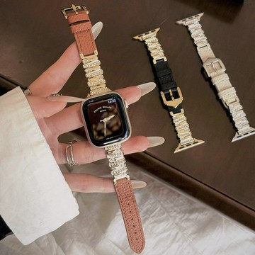不規則碎鑽金屬 拼真皮錶帶 適用 蘋果 Apple watch 11 錶帶 s10 9 8 7 SE 手錶帶 46mm