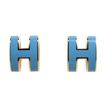 HERMES POP H立體字母LOGO橢圓簍空設計穿式耳環(迷你/藍x金)