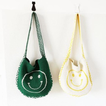 玲子家 韓國秋冬ins風針織笑臉手提編織包chic毛線單肩包寬肩帶