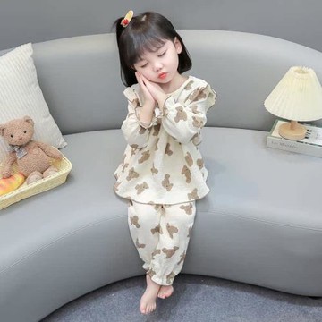 女童睡衣純棉紗布春秋夏季小童套裝女孩長袖寶寶空調服兒童家居服