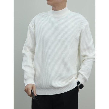 秋冬厚款中高領坑條螺紋針織衫男 時尚百搭韓版套頭長袖線衣男