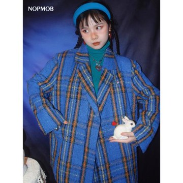NOPMOB 秋日昭和藍 原創復古學院風格子羊毛呢寬松西裝上衣外套