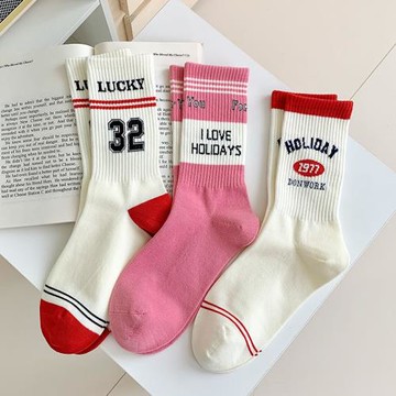 粉紅色襪子女ins潮中筒襪春秋字母條紋運動棉襪日系學院百搭長襪