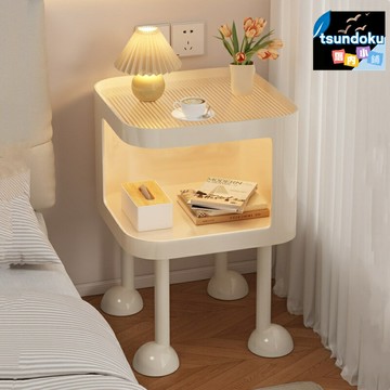 【奶油風帶燈】床頭櫃 臥室床頭櫃 置物架 小茶几 邊幾 帶USB插座 多層收納 簡約設計 溫馨臥室必備