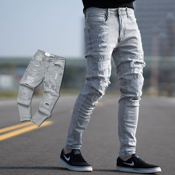 【NB1636J】淺灰刷色破壞感刷破抽鬚補丁合身版彈性牛仔褲(MW6072)