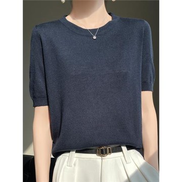 夏季涼爽天絲針織短袖T恤女圓領寬松半袖上衣薄款冰絲中袖體恤衫