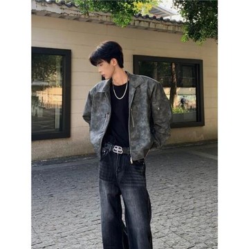 美式復古春秋季PU皮夾克男士設計感寬松短款飛行員外套痞帥機車服