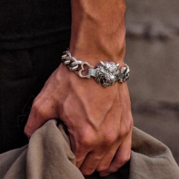 S925純銀創意手鏈霸氣新老虎頭本命年泰銀復古潮男個性銀手鏈手環