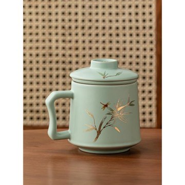 生日禮物汝窯水杯辦公室泡茶杯會議杯家用茶水分離杯陶瓷馬克杯